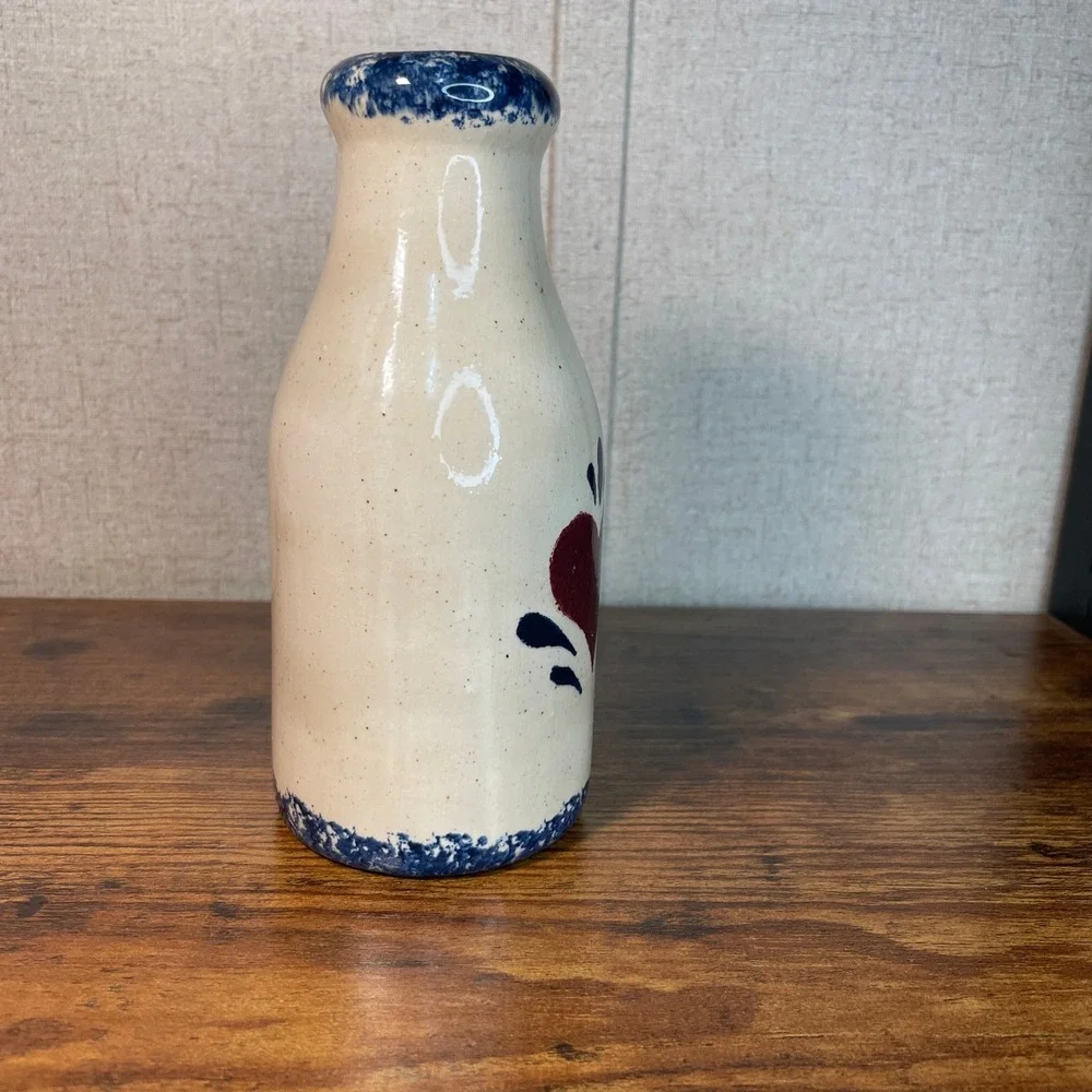 Cottage Co(obscured) USA Stoneware Milk Bottle Vase Red Heart Blue Spongeware